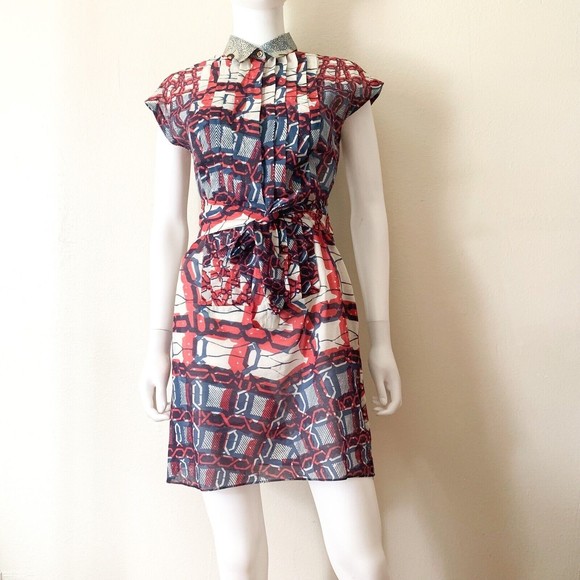 DRIES VAN NOTEN Dresses & Skirts - Dries Van Noten Cotton Mini Shirt Dress 36 US 4 Belt Blue Red White Chain Print